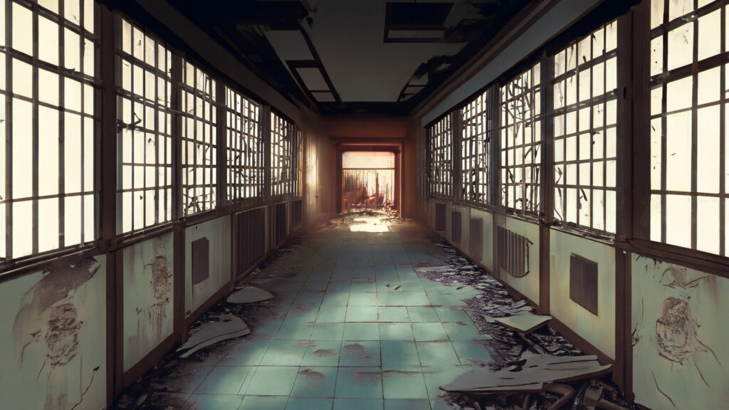 廃墟と化した学校の廊下