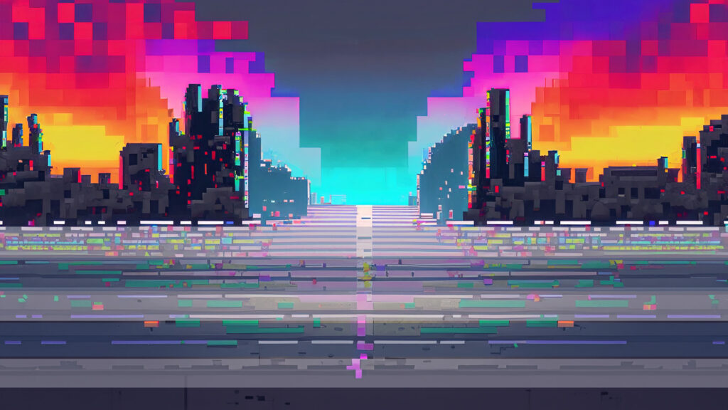 虹と街の背景素材（ドット絵）