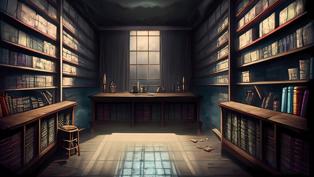 暗い本棚の部屋
