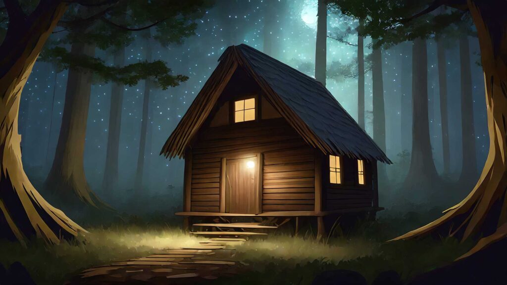 森の中の小屋（夜）