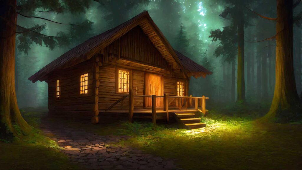森の中の小屋（夜）