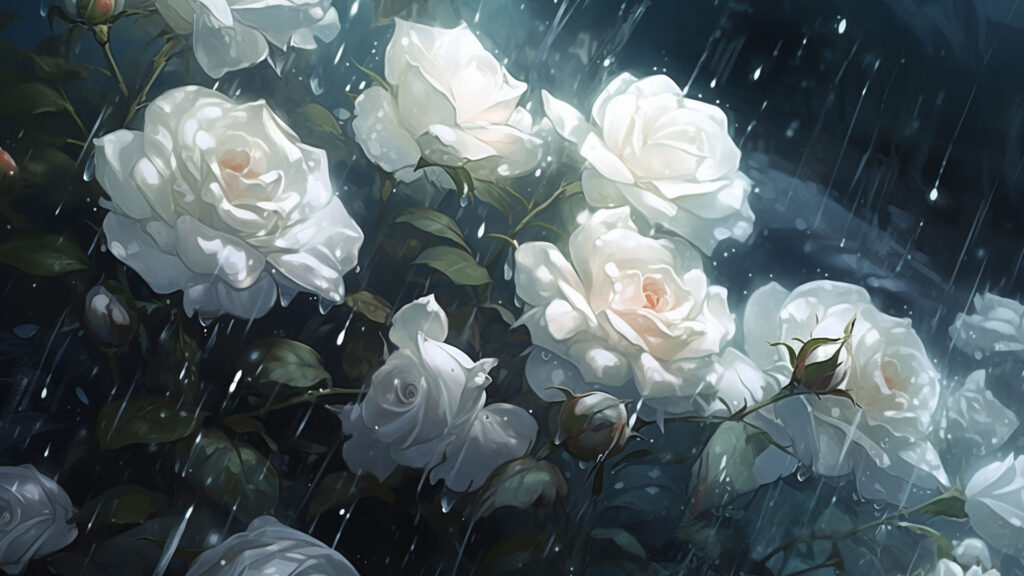 雨に打たれる白い薔薇