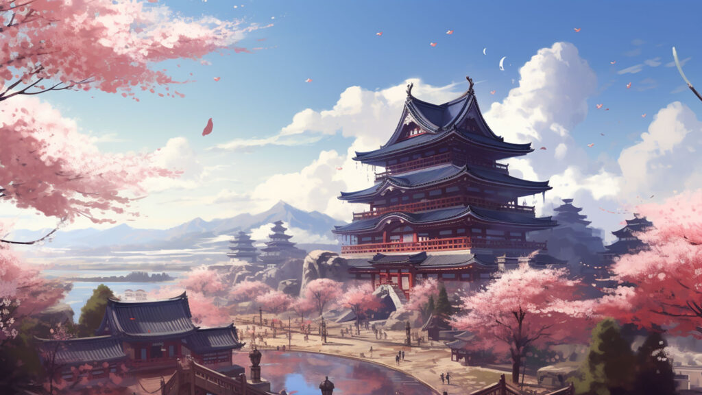 桜と古代建造物