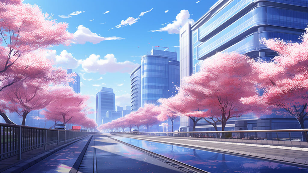 桜とオフィス街