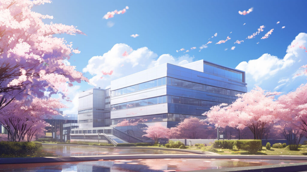 桜とオフィス街