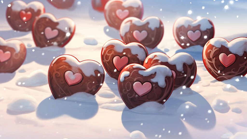 雪とハート型のチョコレート