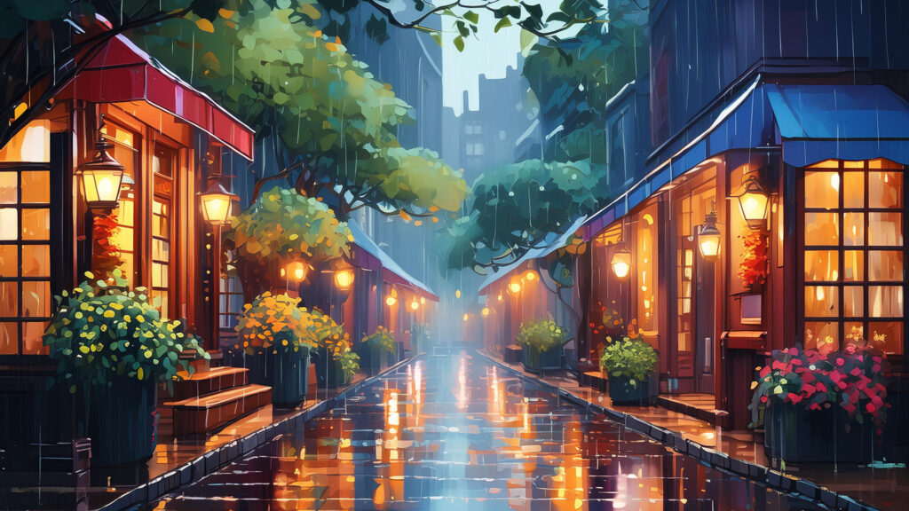 雨上がりの都会の路地