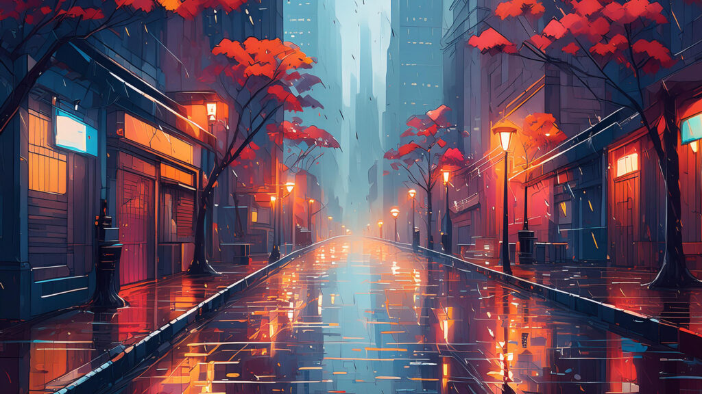 雨上がりの都会の路地