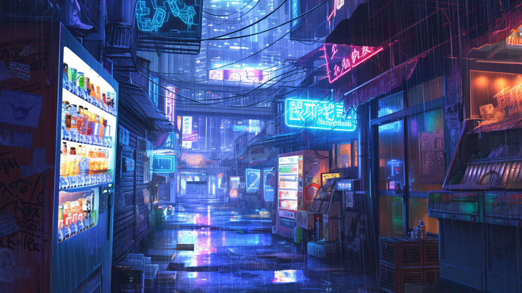雨降る繁華街の路地