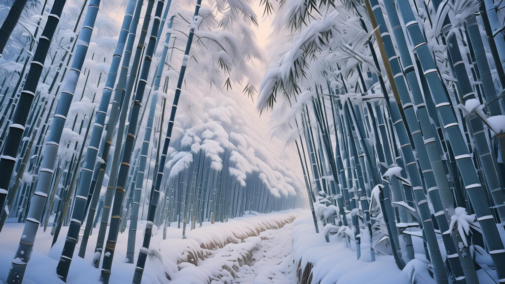 雪が積もった竹林