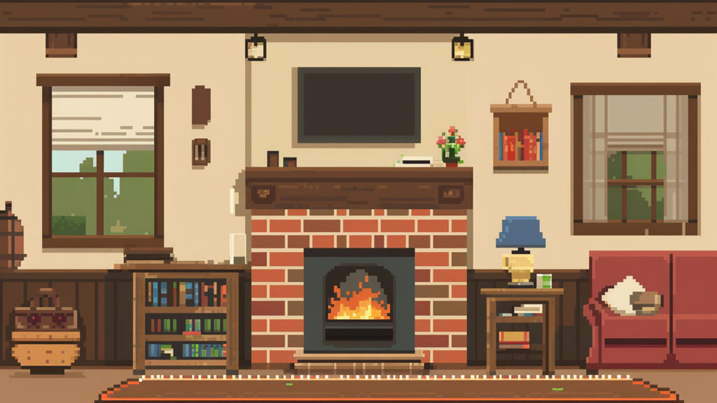 暖炉のあるリビング｜ドット絵