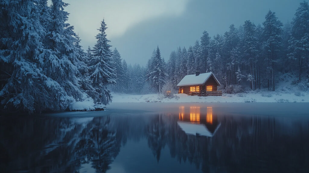 雪国の湖と小屋