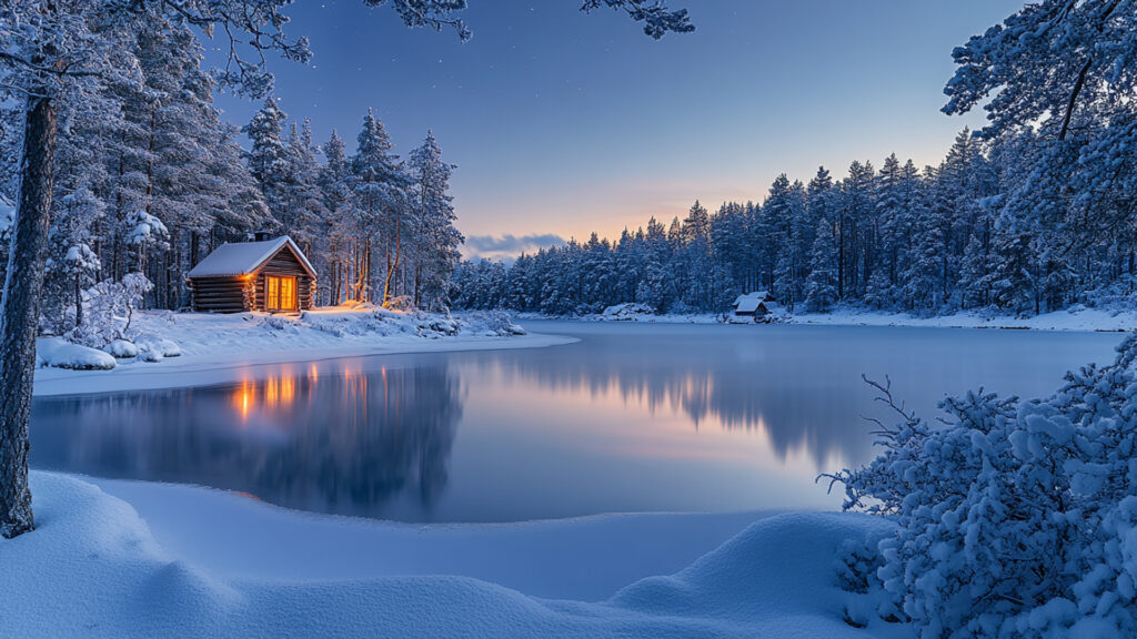 雪国の湖と小屋