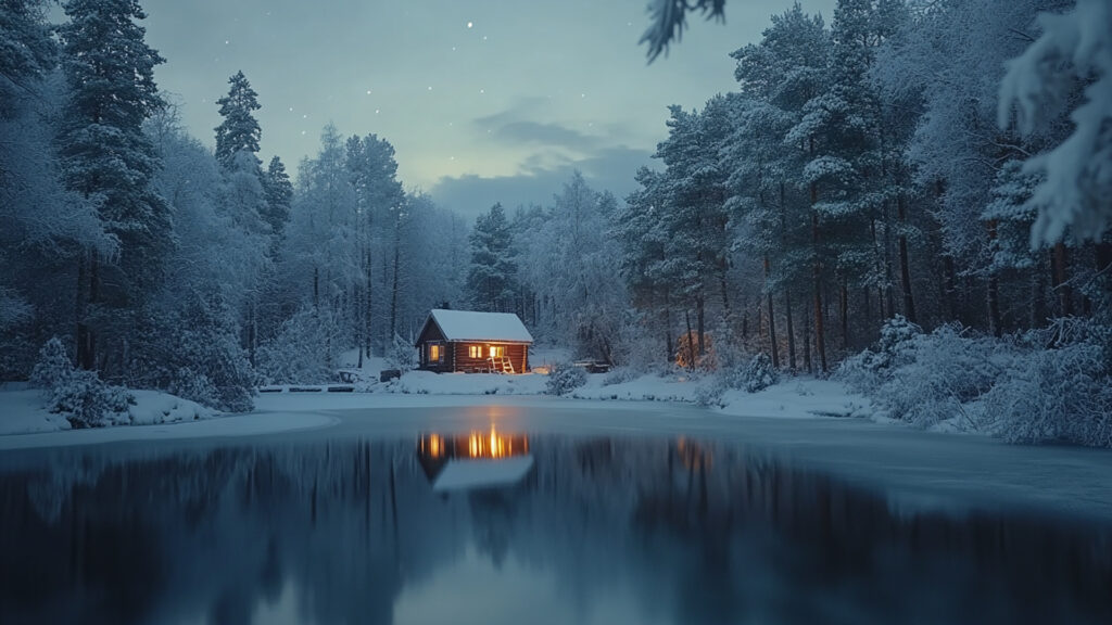 雪国の湖と小屋