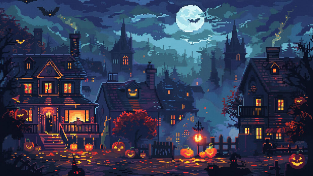 ハロウィンの街並み｜ドット絵