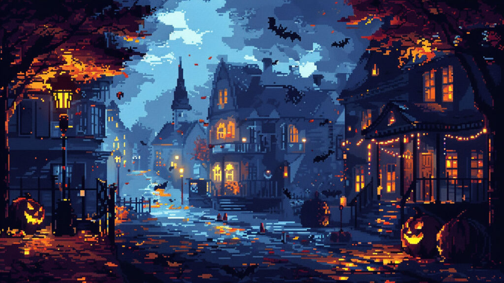 ハロウィンの街並み｜ドット絵