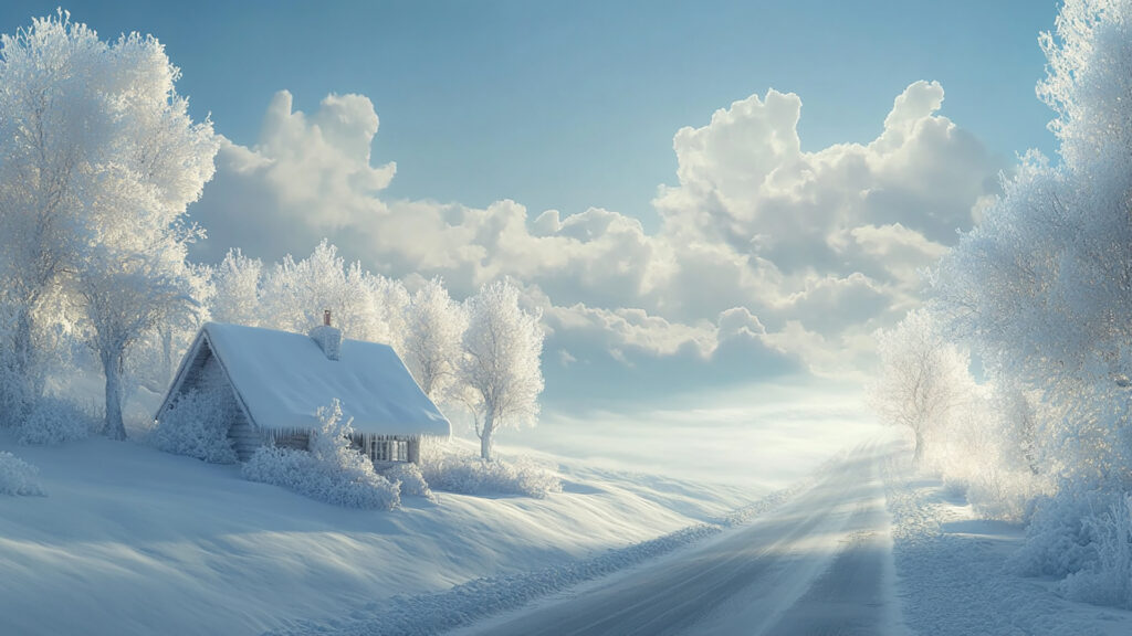 雪国の小さな家へと続く道