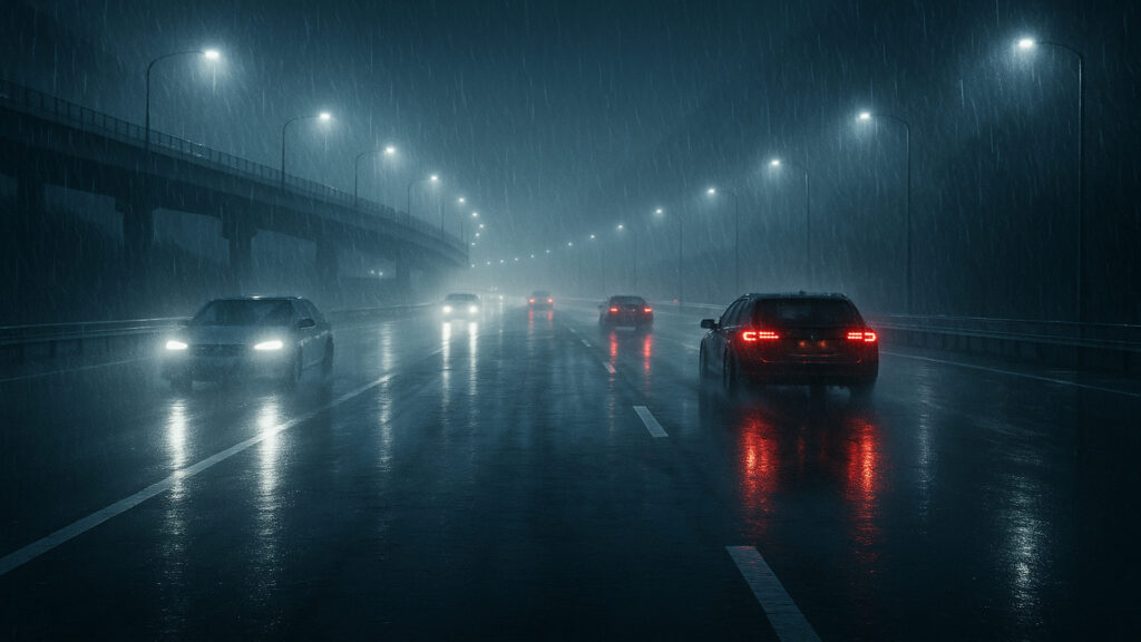 雨に濡れた高速道路
