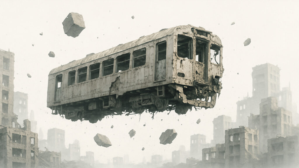 空中に漂う壊れた電車