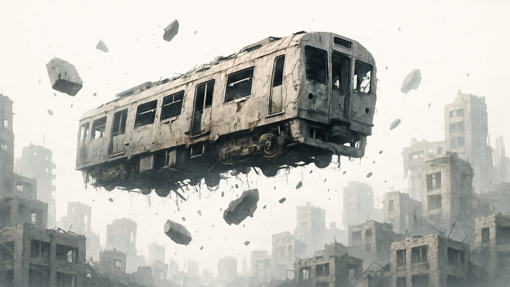空中に漂う壊れた電車