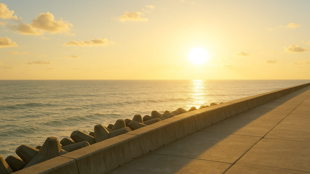 海沿いの防波堤と夕陽