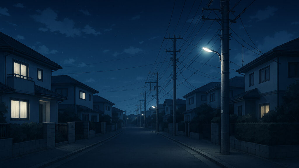 夜の住宅街と電線