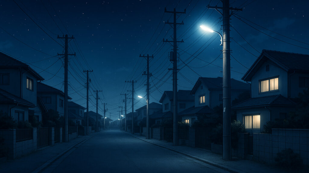 夜の住宅街と電線