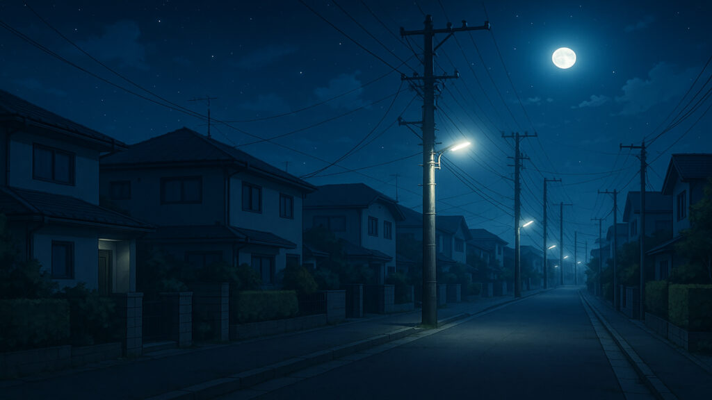 夜の住宅街と電線