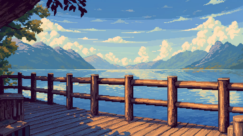 湖と山を望む展望台｜ドット絵風