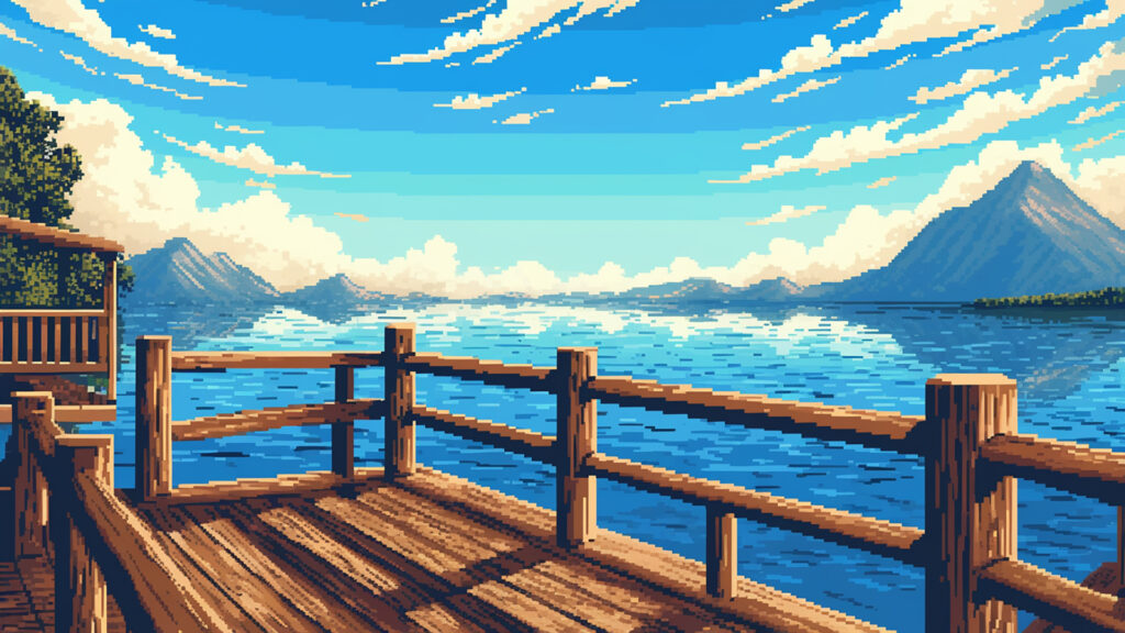 湖と山を望む展望台｜ドット絵風