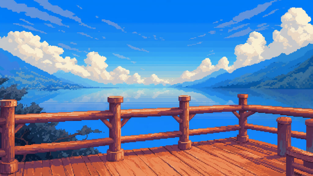 湖と山を望む展望台｜ドット絵風