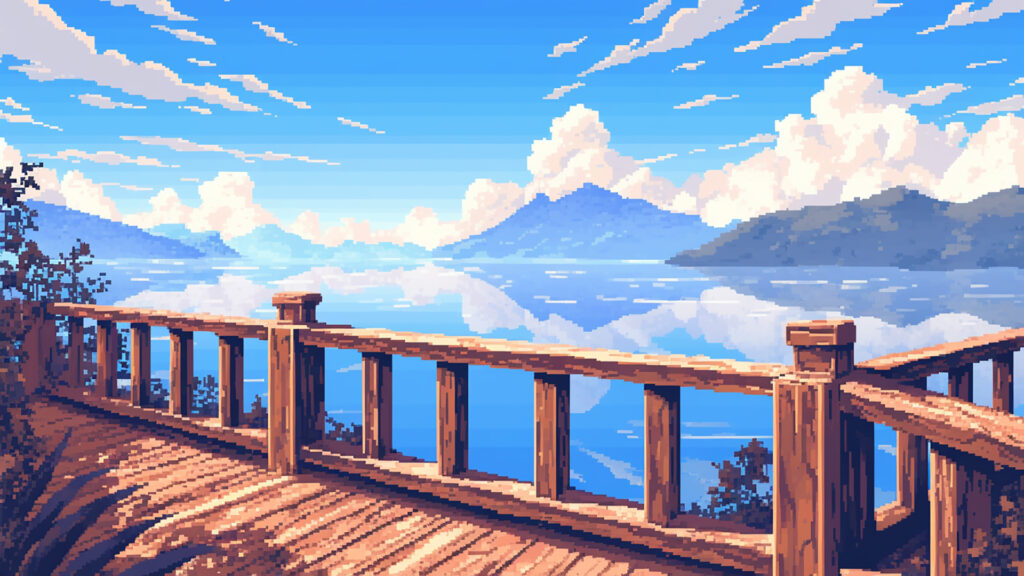 湖と山を望む展望台｜ドット絵風