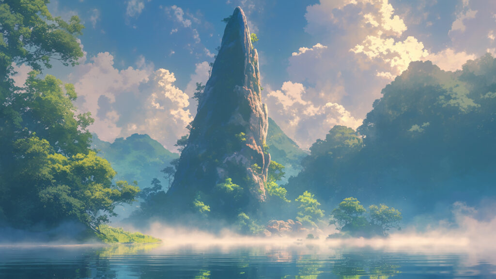湖にそびえ立つ岩山