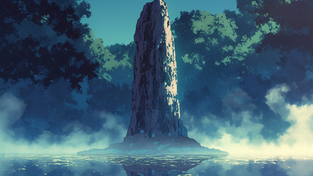 湖にそびえ立つ岩山