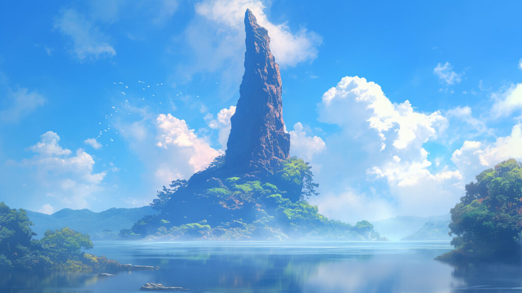 湖にそびえ立つ岩山