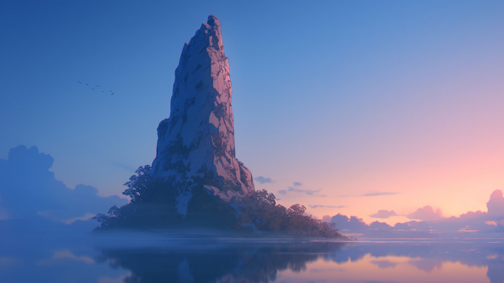 湖にそびえ立つ岩山