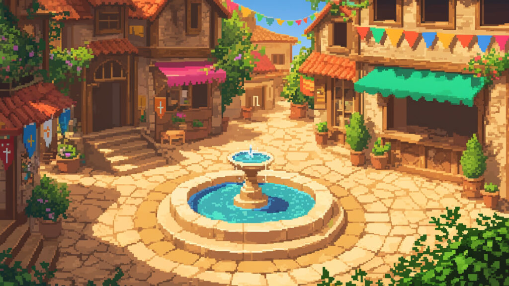 噴水のある小さな村の広場｜ドット絵風