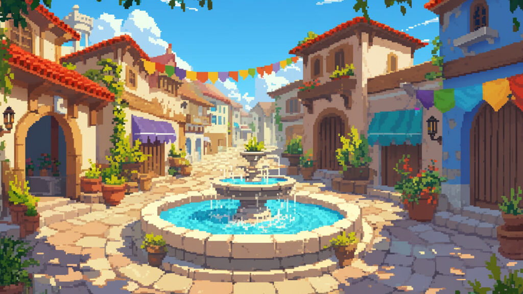 噴水のある小さな村の広場｜ドット絵風