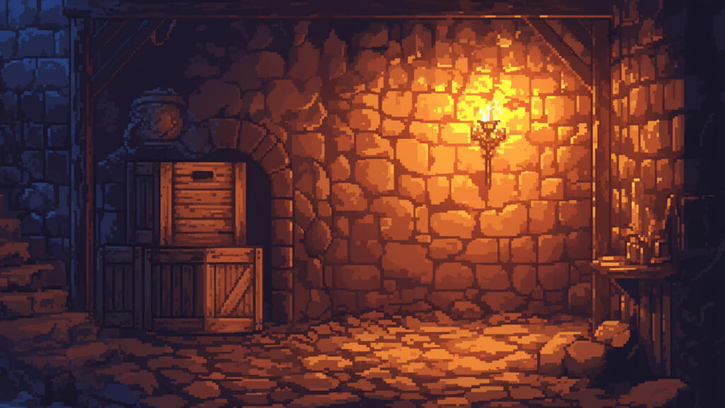 たいまつに照らされた地下の部屋｜ドット絵風