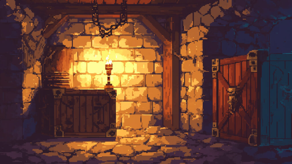 たいまつに照らされた地下の部屋｜ドット絵風