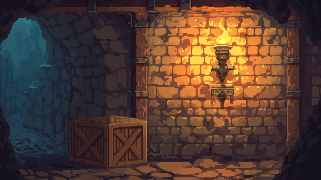 たいまつに照らされた地下の部屋|ドット絵風