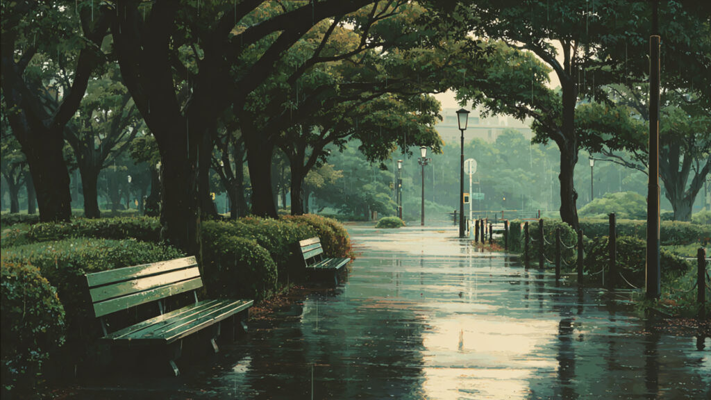 しとしと雨の朝の公園