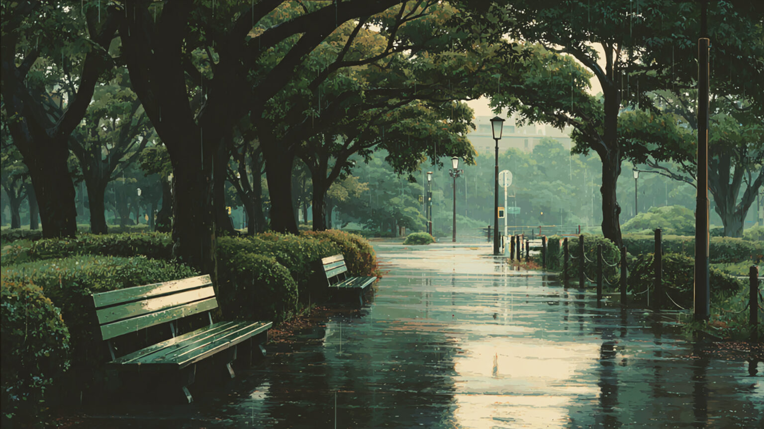 【フリー素材】しとしと雨の朝の公園(4枚)