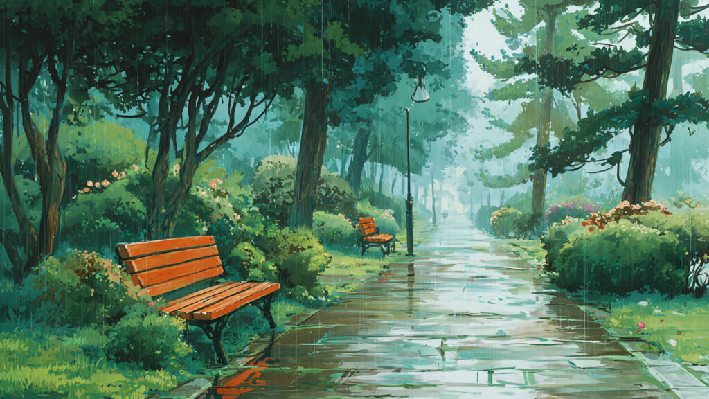 しとしと雨の朝の公園