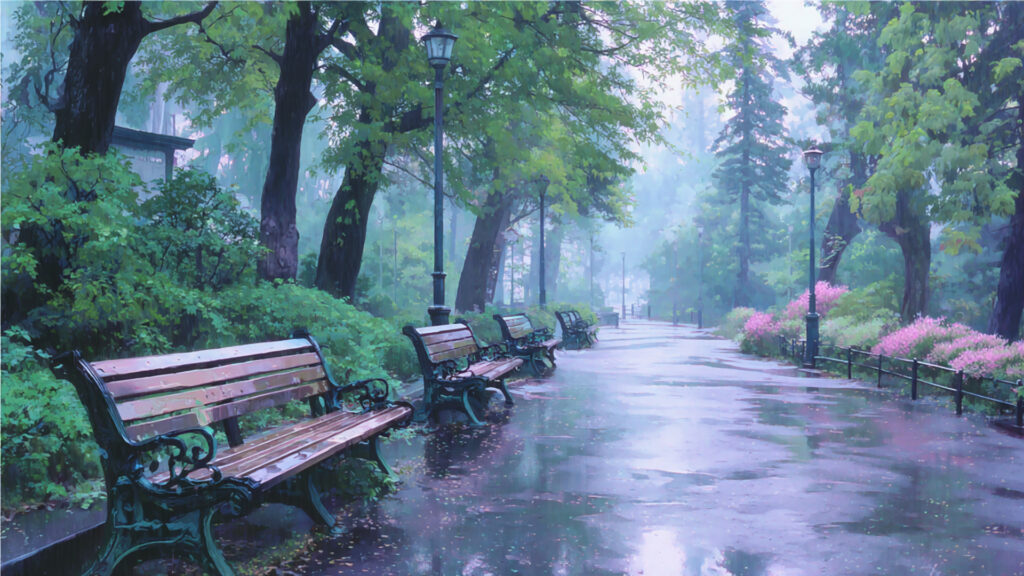 しとしと雨の朝の公園