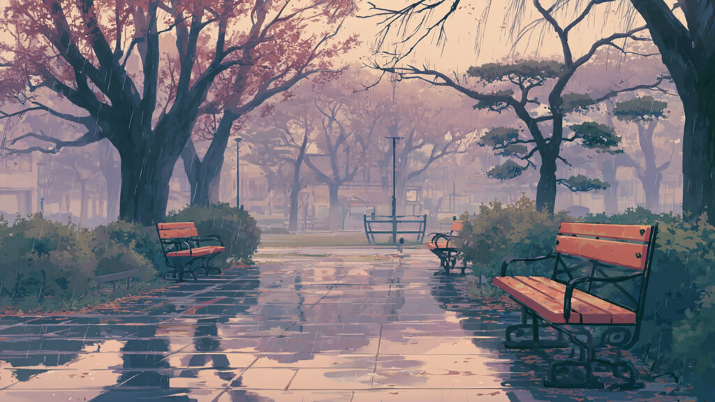 しとしと雨の朝の公園