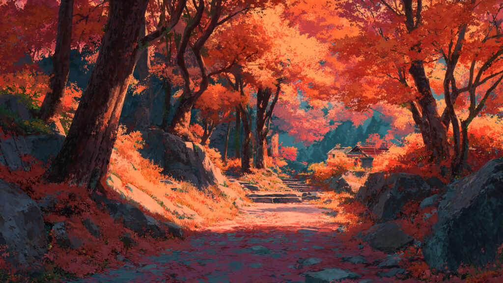 紅葉トンネルの秋山道アニメ背景