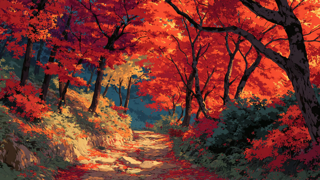 紅葉トンネルの秋山道アニメ背景