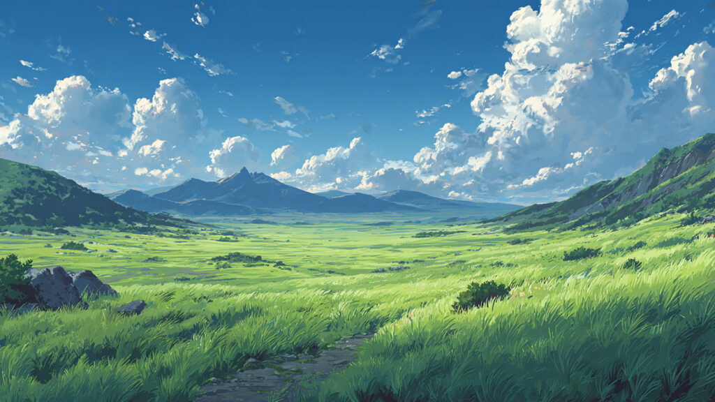 青空と草原のアニメ背景