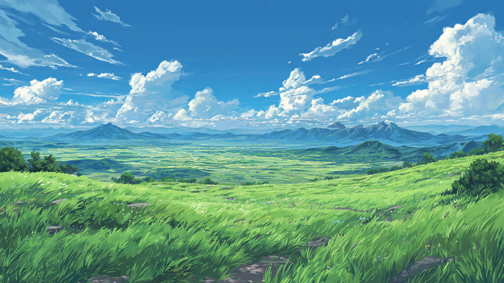 青空と草原のアニメ背景